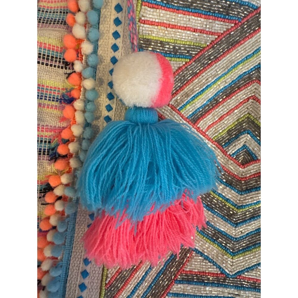 America & Beyond Boho Weekender Tote Bag Pouch Set Pom Tassel Stripe Beaded - Picture 13 of 16